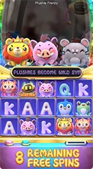Plushie Frenzy · Membedakan simbol karakter boneka, simbol WILD, dan ikon pemicu SCATTER pada kisi 5x3.